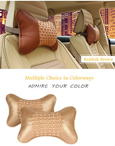 Car Headrest Pillow 2pcs Breathable Auto Neck Pillow Ergonomic Cervical Neckrest Support Pillow Brown Leather Backrest Cushion For Road Trip Travel