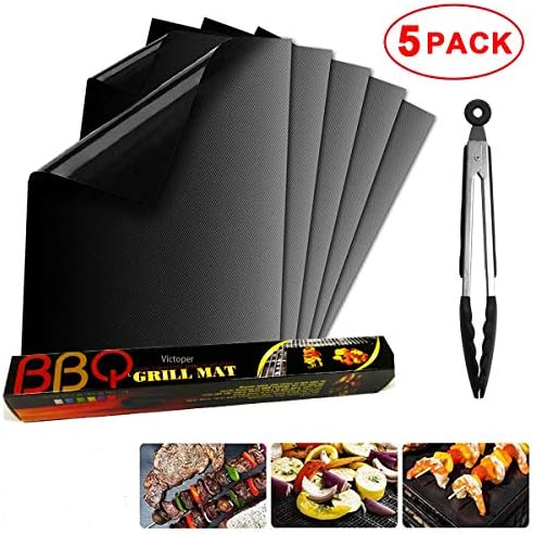 Trongle BBQ Grill Mat Set of 5, Lambony Non Stick Reusable Barbecue Grill & Bake Mats For Oven, Gas, Charcoal, Electric Grill, Resistant Up to 500F (260 ℃) with Tongs