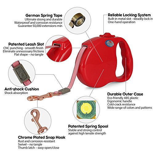 DOGNESS Retractable Dog Leash, the Modern Series, One Button Locking System, Suitable For Kids, No Tangle Waterproof Ribbon Tape, for Small Medium Large Dogs, Red 13 ft - Thumbnail 2