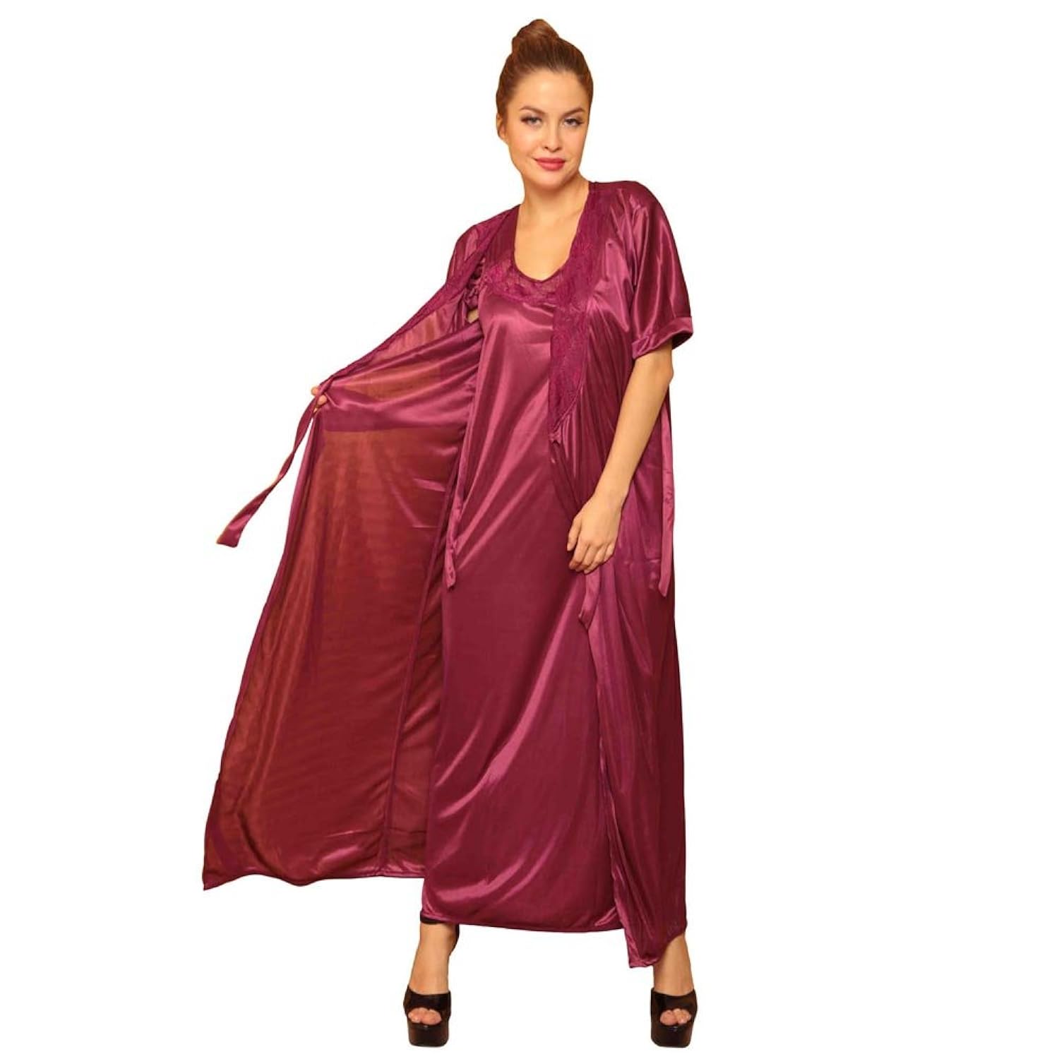clovia women's 4 pcs satin nightwear in wine - robe, nightie, top, capri