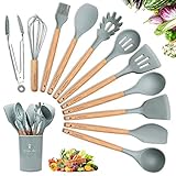 CORAFEI Silicone Cooking Kitchen 11 PCS Acacia Wooden Utensils Tool For Nonstick Cookware,BPA Free, Non Toxic Turner Tongs Spatula Spoon Set