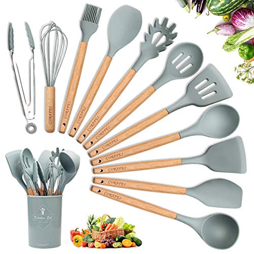 CORAFEI Silicone Cooking Kitchen 11 PCS Acacia Wooden Utensils Tool For Nonstick Cookware,BPA Free, Non Toxic Turner Tongs Spatula Spoon Set
