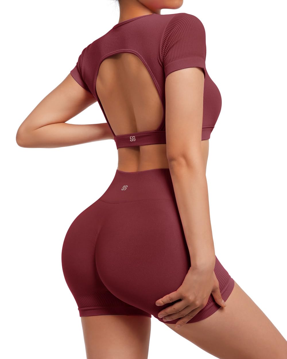 Photo 1 of (SMALL) SUUKSESS Open Back Short Sleeve Scrunch Butt Booty Shorts Seamless Ribbed Workout Sets 2 Piece Outfits (#1 Wine Red, S)