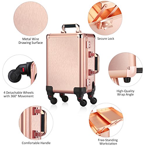 Ovonni Small LED Makeup Train Case, Lighted Rolling Travel Portable Cosmetic Organizer Box with Mirror and 4 Detachable Wheels, Professional Artist Trolley Studio Free Standing Workstation, Rose Gold