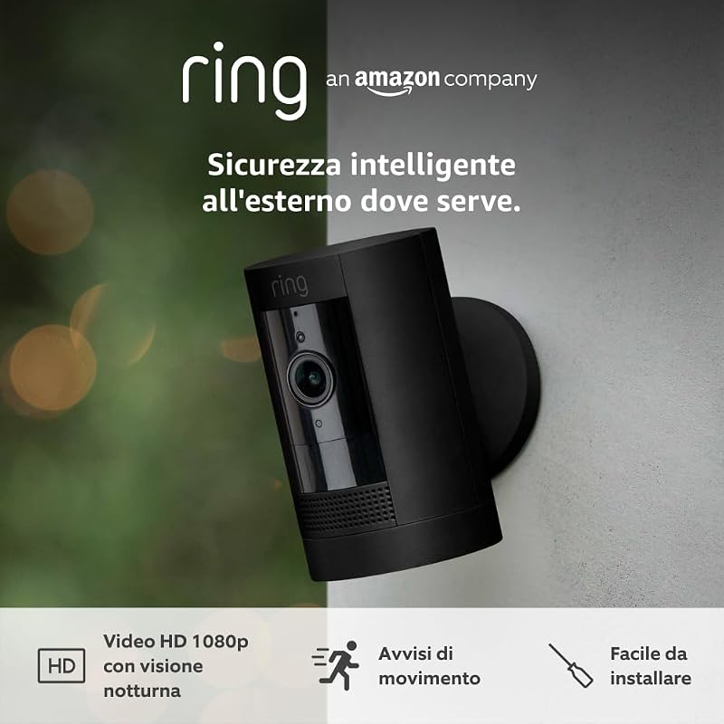 videocamera esterna a batteria (Stick Up Cam) | Telecamera di sorveglianza wifi senza fili per esterno con 1080p HD video, audio bidirezionale, fai-da-te | Ring Home: 30 gg. prova gratuita