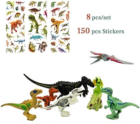 Jurassic Paradise Dinosaurs Toy Pack of 8 Assorted Building It Yourself Indoraptor Figure with Dinosaur Free Stickers (150psc) for Boy