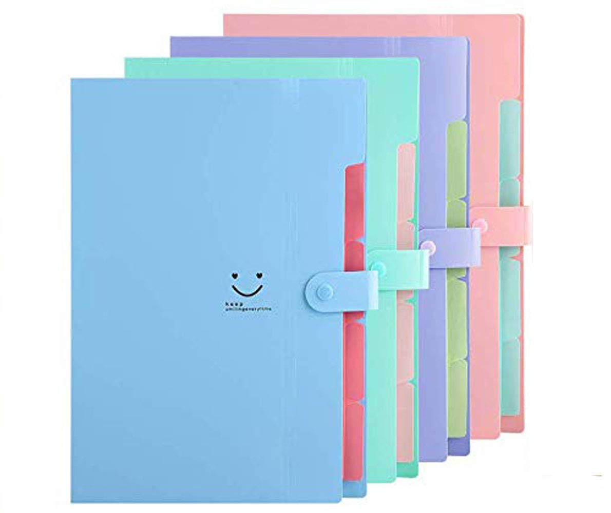 Dproptel 4 Pack Plastic Expanding File Folder A4 Letter Size Accordion Document Organizer,5-Pockets, Snap Closure,School and Office Use - 4 Colors