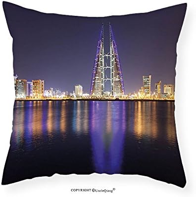 VROSELV Custom Cotton Linen Pillowcase Urban Manama City Skyline at Night Kingdom of Bahrain Middle Eastern Modern for Bedroom Living Room Dorm Orange Purple Dark Blue 26"x26"