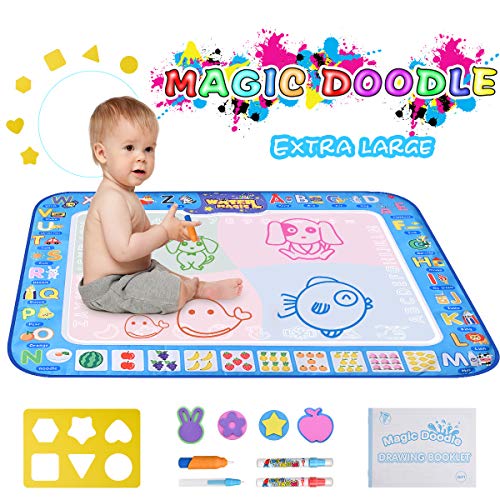 Water Doodle Mat,Extra Large Kid Magic Aqua Drawing Pad,Painting Board with 3 Pens,1 Magic Brush Accessories,Educational Toys Gifts for Boys Girls Toddlers 2 3 4 5 6 7 + Year Old Size 38.5"X 29.5"