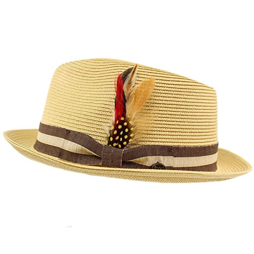 Men's Stripe Band Removable Feather Derby Fedora Curled Brim Hat L/XL