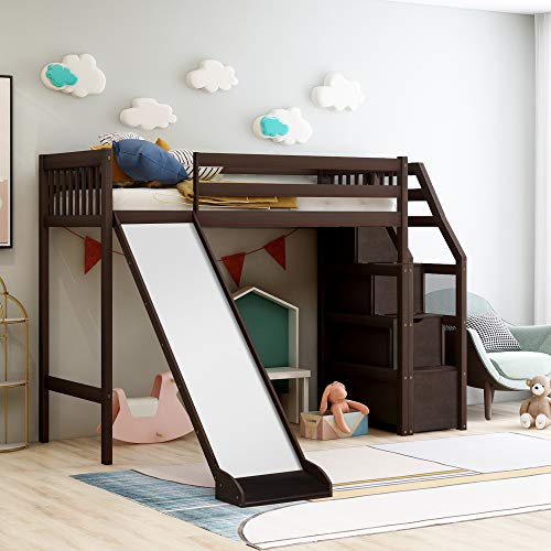 Bellemave Loft Bed with Slide, Kids Wood Twin Loft Bed with 3 Step