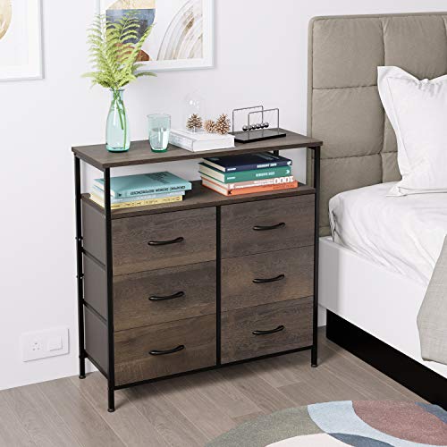 HOMECHO Fabric Dresser Chest with 6 Drawers, Wide Chest of Drawers with 2 Tier Wood Shelves
