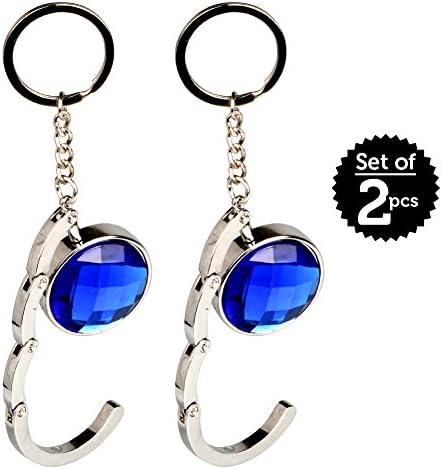 Lite Purse Hook | 2 pcs Handbag Hanger with Rubber Base for Glass / Wood Flat Surfaces Tables and Desks | Foldable Portable Round Blue Gem Shape Keychain Small Size 1.8"x1.8" Zinc Alloy Metal | 1578.1