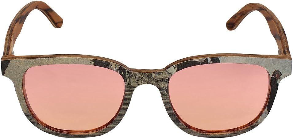 Pink & Off-White Newspaper Print Wooden Frame Unisex Oval Sunglasses