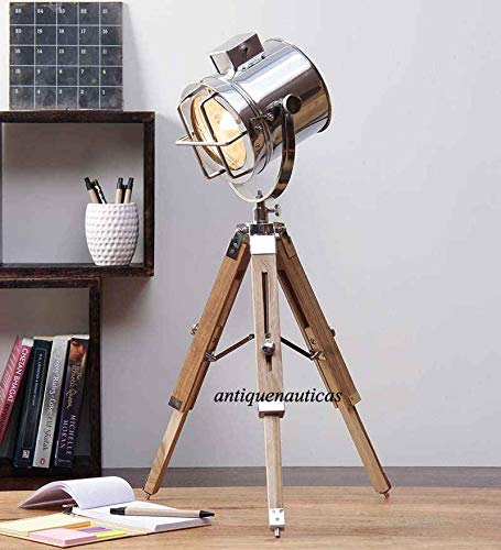 Nautical Designer Search Light Spot Light W/Wooden Tripod Stand Decor Table Lamp