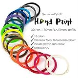 Hand Print 3D Pen 1.75mm PLA Filament Refills – 3D Printing Plastic Pack of 15 Different Colors (2 Glow in the Dark) - Length: 16 feet, Individually Vacuum-Sealed – for Your Best Doodle Arts