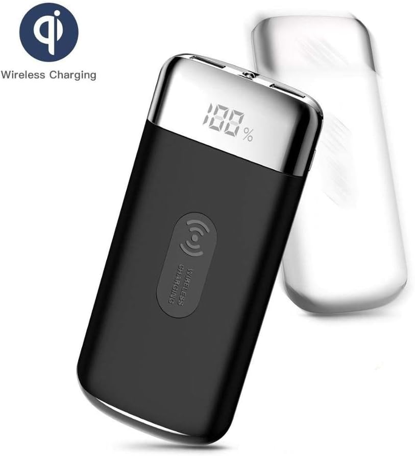 10,000 mAh Powerbank with Wireless Qi Charging Plate, Two USB Charging Ports, Flashlight and LCD Display to Easily Check Remaining Battery Life of Powerbank. Lightweight and Portable!