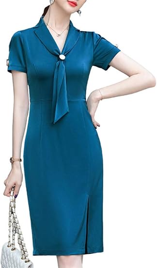 Amazon Co Jp Youyouok ワンピース Vネック 夏 気質 職場 ビジネススーツ フォーマルドレス プロのスカート 半袖 出勤 求職 面接 オフィス 仕事服 ブルー 3xl 服 ファッション小物