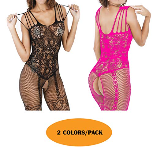 KHUFUZI Women's 2 Colors Pack Sexy Fishnet Bodystocking Crotchless Plus Size Lingerie High Elasticiy Bodysuit
