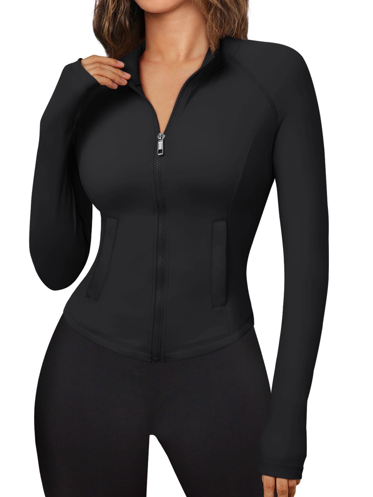 Photo 1 of Trendy Queen Women's Full Zip Up Scrubs Lightweight Jacket Cropped Long Sleeve Workout Sweatshirts Slim Fit Running Hoodies Black M