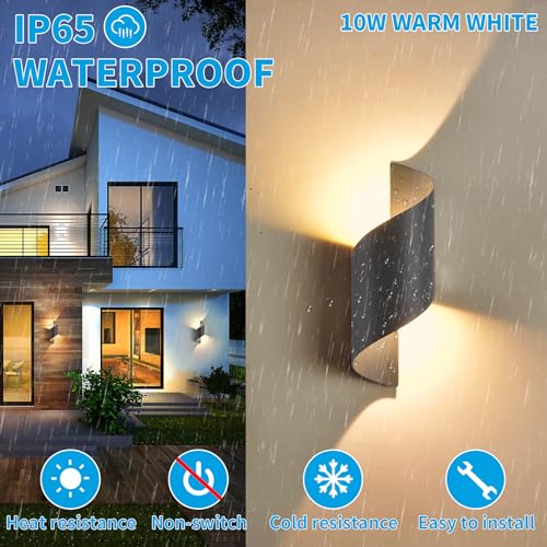 KUKAK Indoor/Outdoor Wall Lamp, 10 W LED Wall Lamp, IP65 Waterproof, Bedroom Wall Lamp, Warm White 3000K, Garden Wall Lamp, Living Room, Dark Grey
