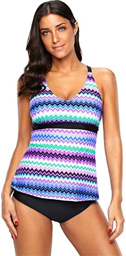 Arctic Cubic 2 PC Sleeveless Rainbow Zigzag Wave Strappy Back Padded Tankini Top and Low Waist Bikini Bottom Swimsuit Set Purple S