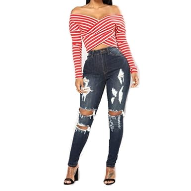 Targogo Pantalones De Mezclilla Moda Para Mujer Hole Slim Fit