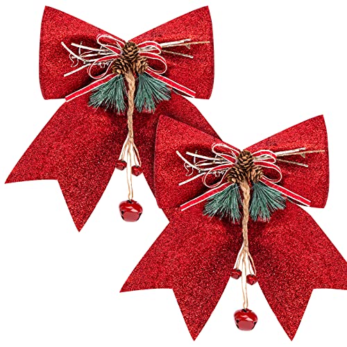 MCPINKY Christmas Red Bows, 2PCS Large Glitter Bows Sparkly Bowknots with Pinecones and Jingle Bells for Christmas Tree Wreath Treetopper Decor