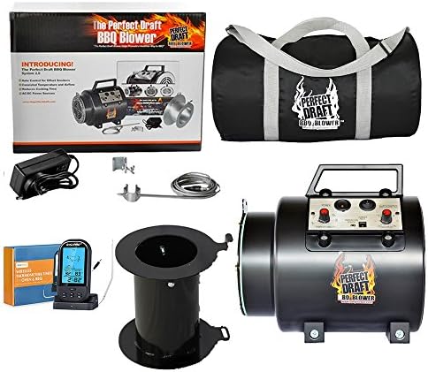 BBQ Blower Automatic Grill Outdoor Cooking Set - Grill Fan with Wireless Meat Thermometer for Grill Temperature Control to Cook Meat Evenly - Includes Duffle Grill Tool Bag - The Perfect Draft