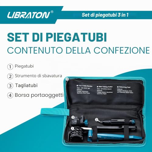LIBRATON Manual Pipe Bender, Copper Pipe Bender, 180 Degree Pipe Bender, 3 in 1 Pipe Bender for Copper Pipe 1/4" 5/16" 3/8" with Mini Pipe Cutter and Deburrer, for Brass, Aluminium and Thin Steel Tubes