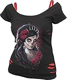 Spiral - Womens - DAY OF THE DEAD - 2in1 Red Ripped Top Black