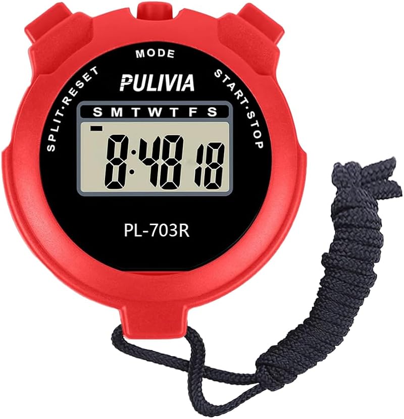 PULIVIA Sports Stopwatch Timer Lap Split Digital Stopwatch with Clock Red