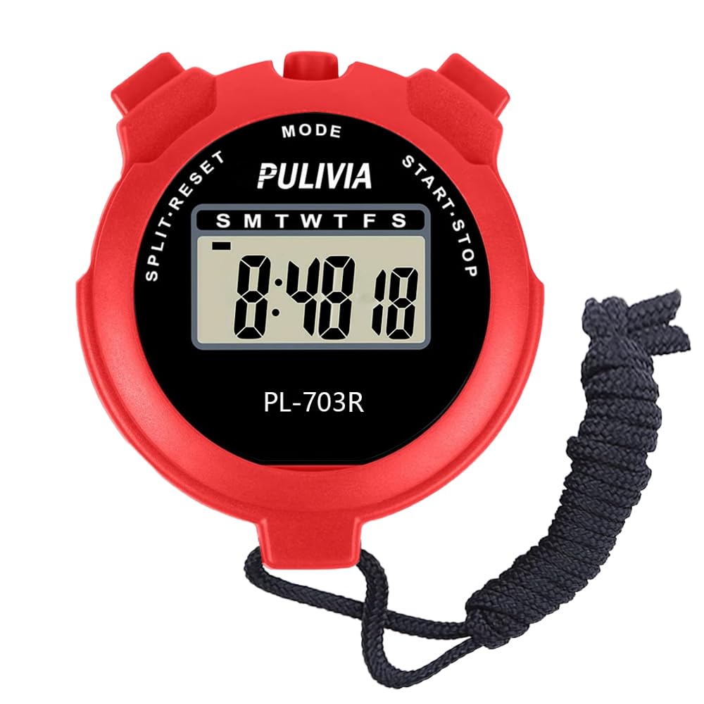 PULIVIA Sports Stopwatch Timer Lap Split Digital Stopwatch with Clock Calendar Alarm, Large Display Shockproof Stop watch for Sports Coaches Swimming Running, Red