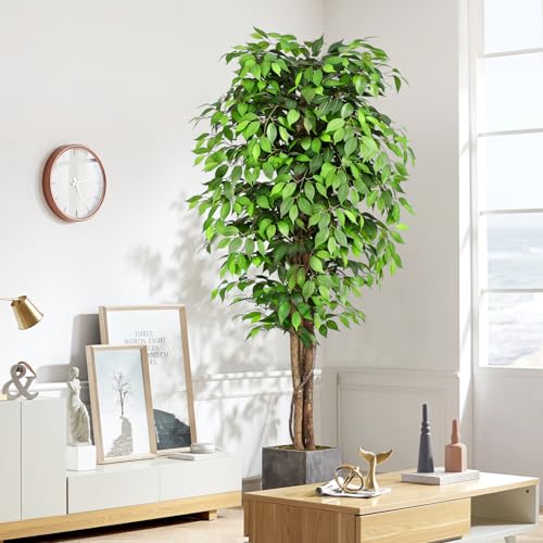 Keeplush Artificial Ficus Plants 210 cm High with Natural Wood Trunk, Artificial Tree with 1760 Leaves, Artificial Indoor for Living Room, Bedroom Decoration