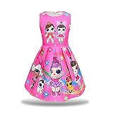 Pandamo Little Girls Dress Sleeveless Print Pageant Pleated Dress for LOL Doll Surprised (130cm/ 6-7Y, Rose)