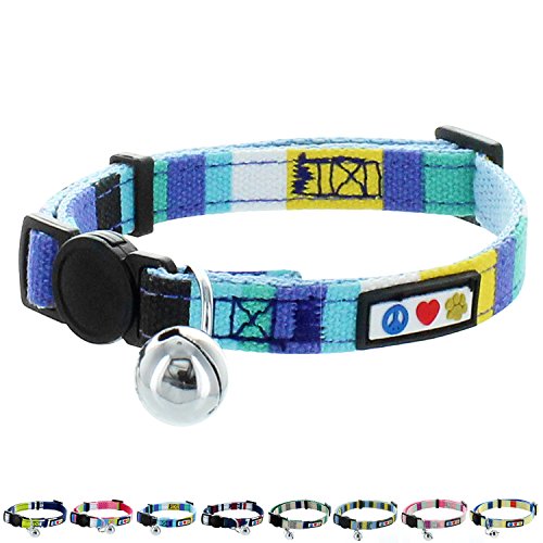Pawtitas Pet Multicolor Cat Collar Safety Buckle Removable Bell Cat Collar Kitten Collar Blue/White / Yellow/Teal Cat Collar