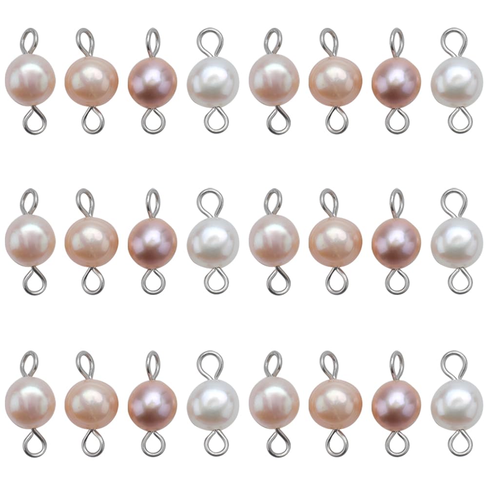 SUNNYCLUE 1 Box 30Pcs Pearl Connectors Natural Pearl Connector Beads Round Stainless Steel Linking Connector Charm Double Loop Cultured Baroque Pearl Bead Charms for jewellery Making Charms DIY Crafts
