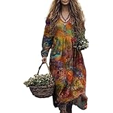 Women's Long Sleeve V Neck Bohemian Maxi Dress Loose Fit Floral Tie Dye Casual Dress for Vacation Daily Wear