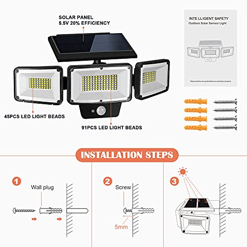 Solar Lights Outdoor 181 LED 1200Lm Solar Flood Lights Outdoor Motion Sensor Lights IP65 Waterproof Solar Security Lights Motion Outdoor for Porch Yard Garage Patio 1-Pack