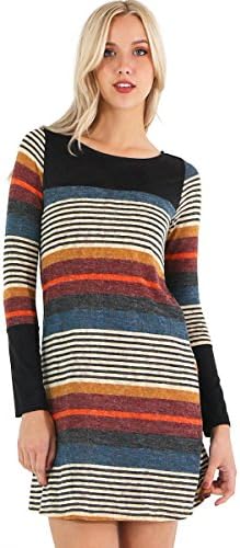 Preppy Doll Made In USA Women's Multi Color Stripe Tunic Mini Dress With Suede (Large, Black Suede)