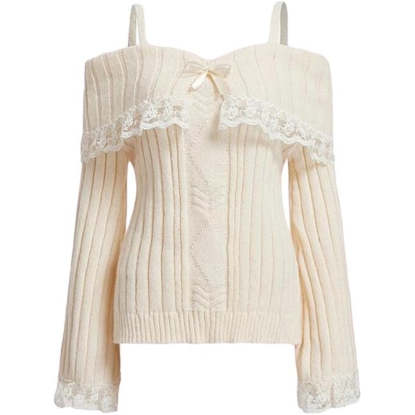 Women Y2K Off Shoulder Top Sweater Long Sleeve Lace Trim
