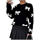 Pinclodly Bow Sweater Women Long Sleeve Crewneck Cute Sweaters Casual Vintage Sweater with Bow Winter Oversized Sweaters