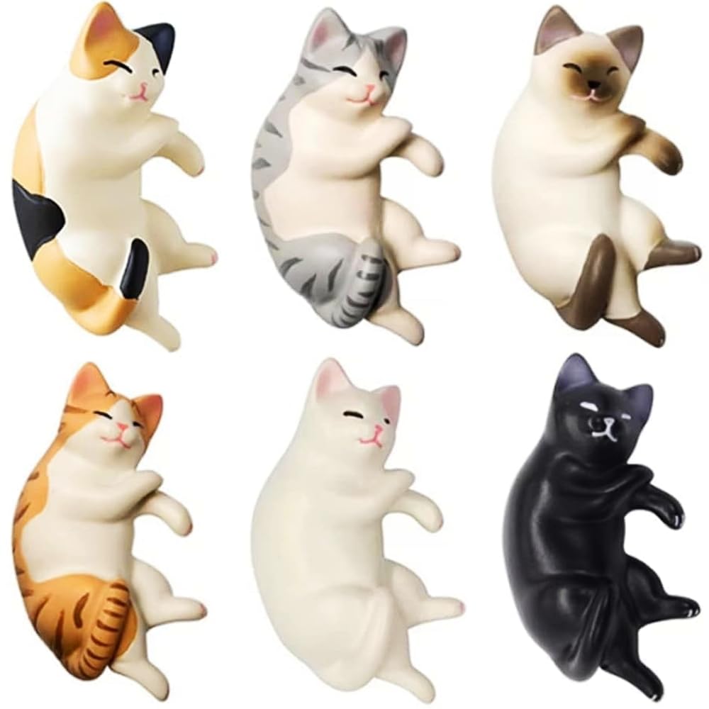 Cute Cat Fridge Magnets, 6 Lying Chubby Kitten Refrigerator Magnets, Mini Kawaii Decorative Magnets for Home Kitchen Office Class Lockers Whiteboard, Gift for Magnets Collector, Light/Strong Magnetic