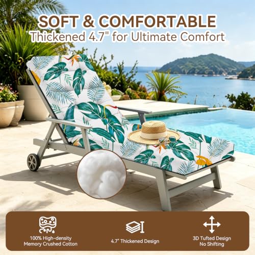 Chaise Lounge Cushion Outdoor, 100% Waterproof Memory Foam Lounge Chair Cushion with Ties for Indoor Outdoor Furniture, Thickened Pool Lounge Chair Cushions 74.4 x 22 x 4.7 Inches, Yellow-Green Leaf