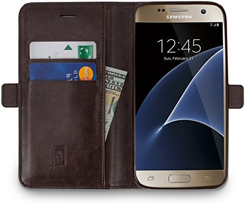 Samsung Galaxy S7 Wallet Case by ALEYNA, Real Genuine Leather, Luxury Business Wallet Case with Kickstand, Gift Box - Brown