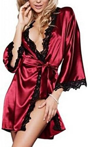 HBTB Women Sexy Lace Satin Silk Nightdress Nightgown Sleepwear Pajamas Robes (Red)