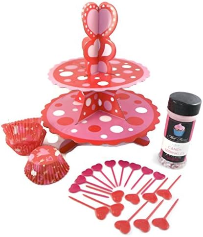 Romance Cup Cake Kit with Display Stand, Cup Cake Liners, Heart Picks and Rainbow Sprinkles (Hearts &amp; Hearts)