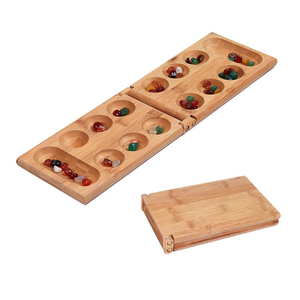 Hsthe Sea Mancala Board Game Set Kalaha Board Game with Folding Game Board Natural Stone Pebbles Families Wooden Board Games Mancala Games Strategic Game for Kids and Adult