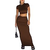 Two Piece Skirt Set for Women 2 PC Y2K Outfits Short Sleeve Crop Tops Bodycon High Waist Long Maxi Skirts