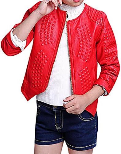Pupik, Girls Black Red Zipped Round Neck Faux Leather Rivet Texture Biker Jacket, Red 3T